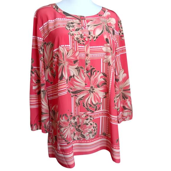 JM COLLECTION Blouse Top 16 XL Coral Pink Floral Bright Colorful Artsy Career - Picture 1 of 7